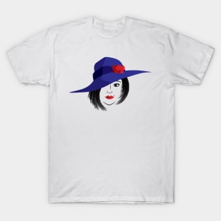 Lady wearing a blue hat with red rose T-Shirt